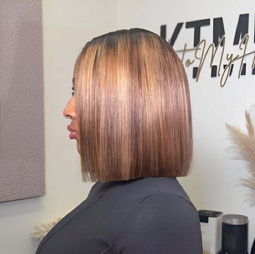 
            
                Load image into Gallery viewer, Ombre Blonde Highlight with Brown Blunt Cut Bob Lace Wig
            
        