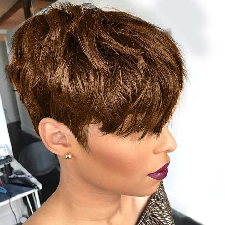 Brown Color Pixie Cut Layered Glueless Human Hair Wig With Bang