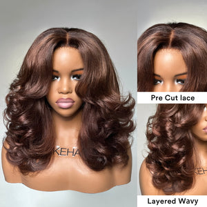 Wear & Go Chestnut Brown Layered Wavy With Curtain Bangs 5x5 Lace Closure Wig