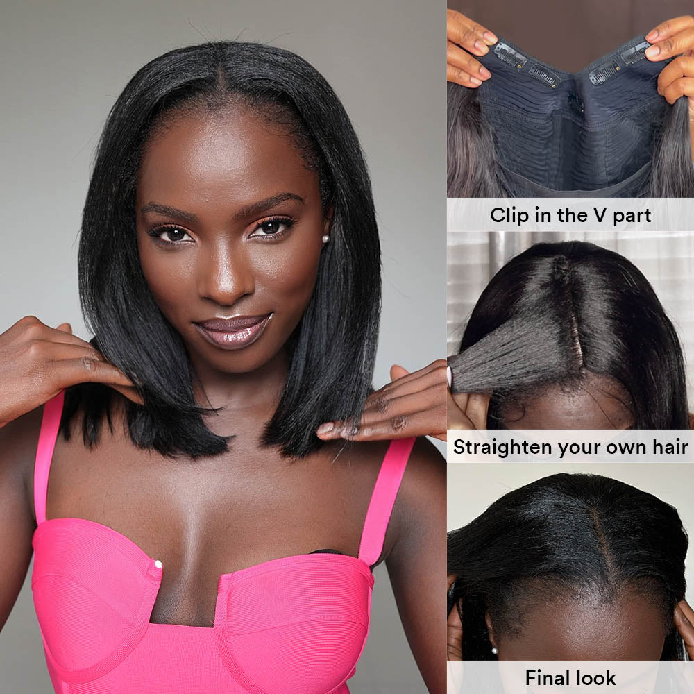 Thin Leave Out Short Yaki Bob V Part Wig Beginner Friendly