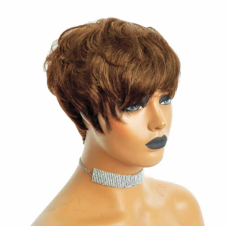 
            
                Load image into Gallery viewer, Brown Color Pixie Cut Layered Glueless Human Hair Wig With Bang
            
        