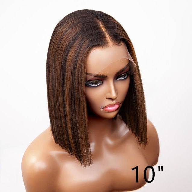 Malaysian Human Hair Blunt Cut Bob With Brown Highlight Lace Front Wig