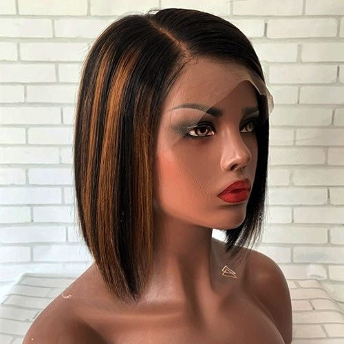 Malaysian Human Hair Blunt Cut Bob With Brown Highlight Lace Front Wig