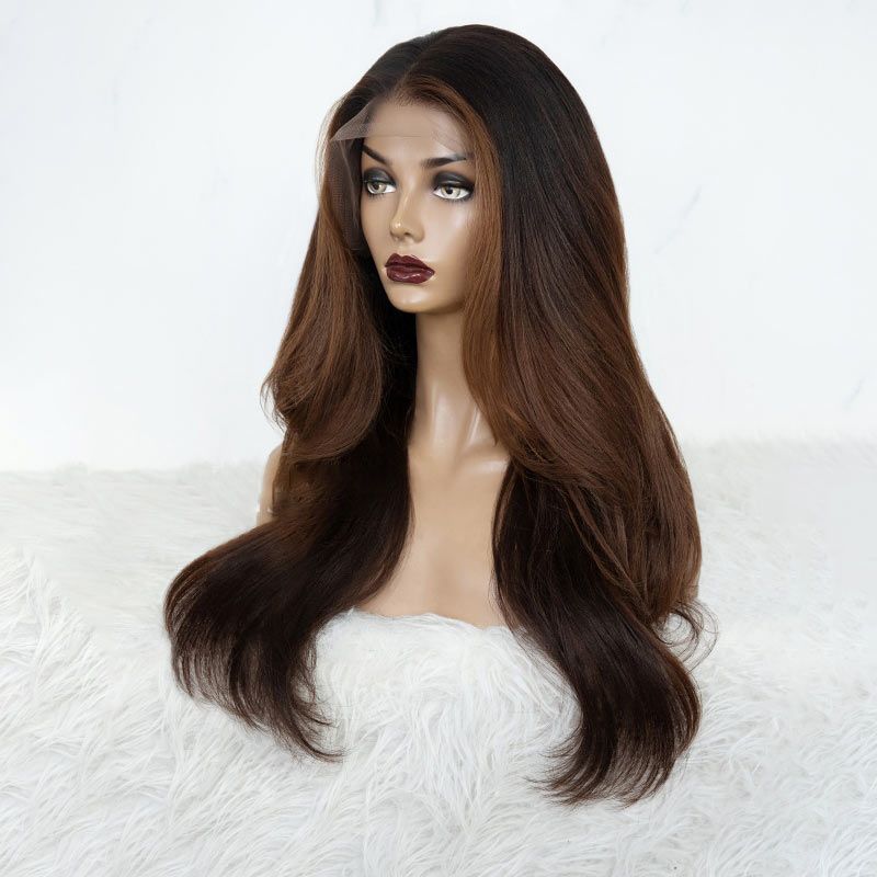Middle Part Wavy Ombre Chocolate Brown Highlights Lace Front Wig
