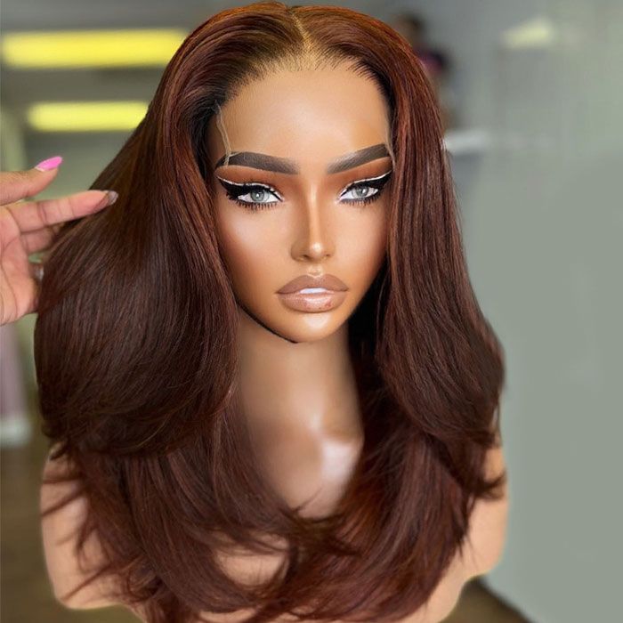 Shoulder Length Middle Part Layered Soft Wavy Auburn Brown Lace Front Wigs