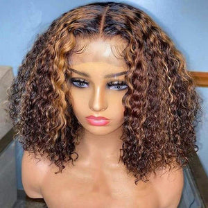 Mix Color Brown Curly Bob Wig 4X4 Lace Closure Human Hair