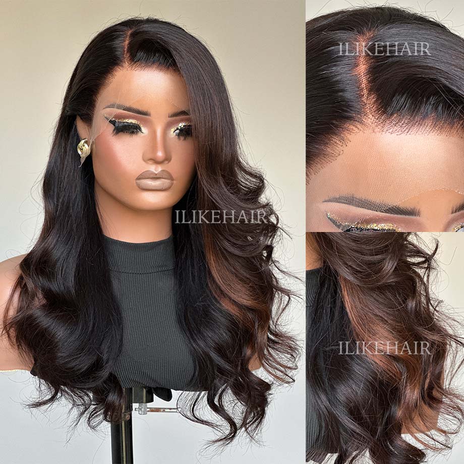 Brown Highlights Side Part Layered Cut Wavy Lace Wig