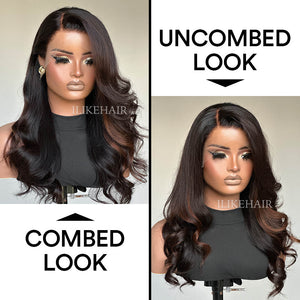 Brown Highlights Side Part Layered Cut Wavy Lace Wig