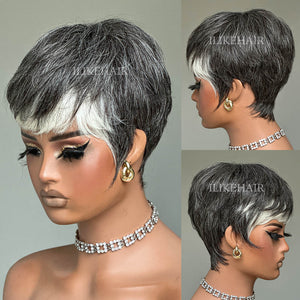 Glueless Salt & Pepper Layered Pixie Cut Wig With Bangs