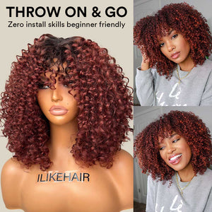 Wear & Go Reddish Brown With Dark Root Curly Bob Wig With Bangs