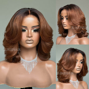 Luxurious Layered Short Ombre Light Brown Glueless 5x5 Lace Closure Wig