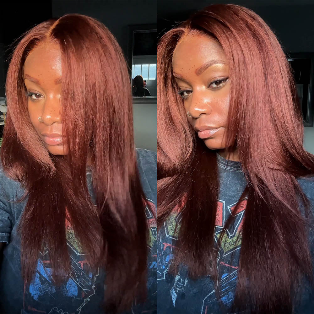 Pre Colored Kinky Straight Reddish Brown Kinky Edges 13x4 Lace Front  Wig