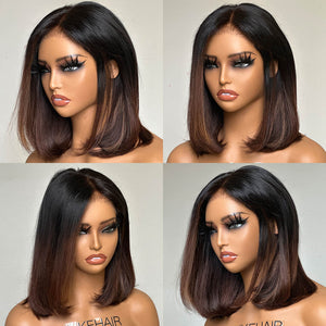 Shoulder Length Straight Brown Ombre Human Hair Lace Closure Wig