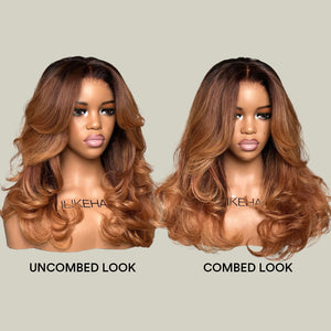 
            
                Load image into Gallery viewer, Light Brown With Dark Root Layered Cut Curly 5x5 Lace Closure Wig
            
        