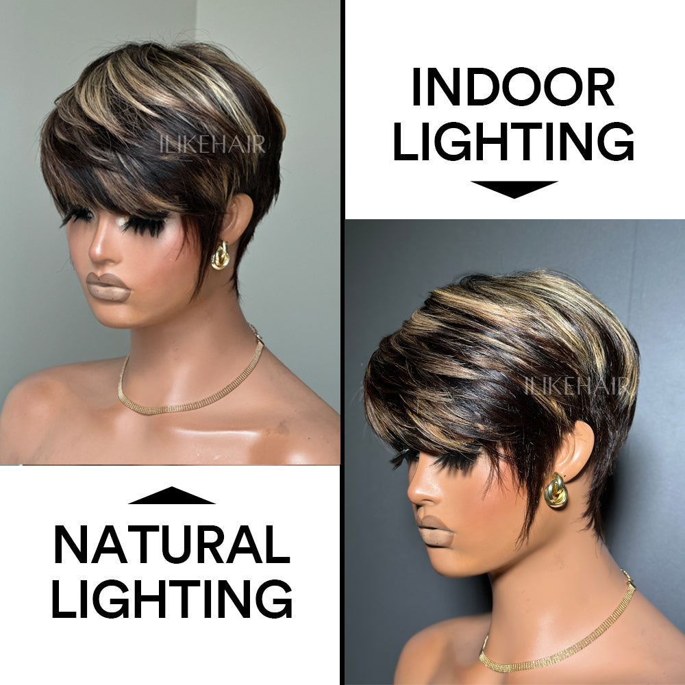 Put On & Go Blonde Highlight Layered Pixie Cut Wig With Bangs