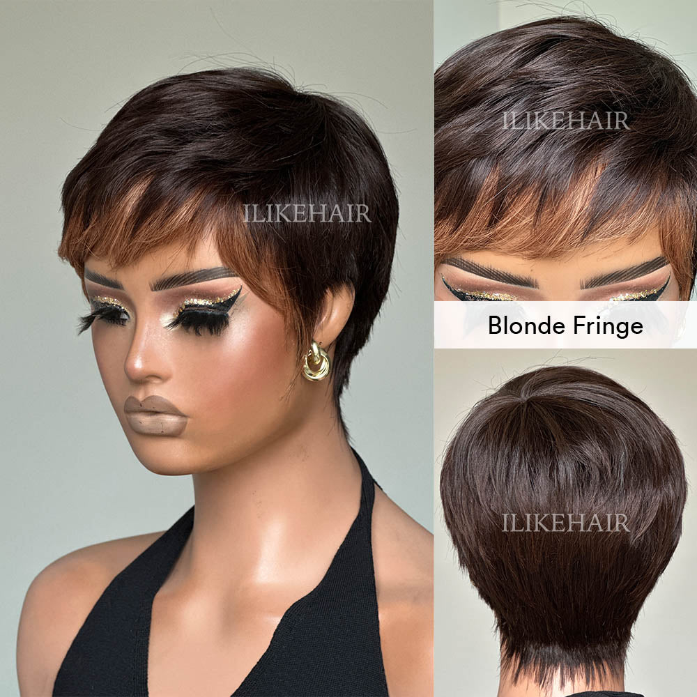 Put On & Go Short Pixie Cut With Blonde Fringe Glueless Wig