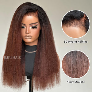 Ombre Brown Kinky Straight With Hybrid Hairline 9x4 HD Lace Glueless Wig