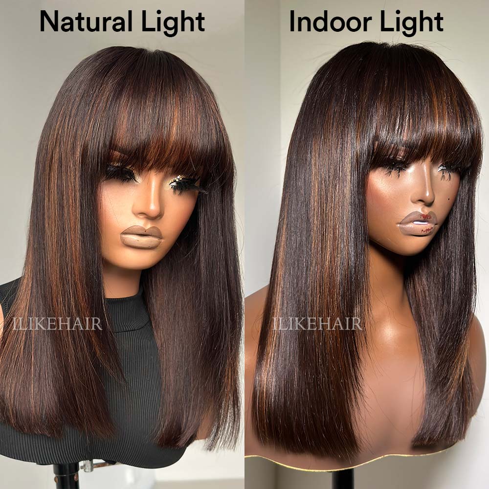 Glueless Highlight Layered Cut Straight 5x5 Lace Closure Wig With Bangs