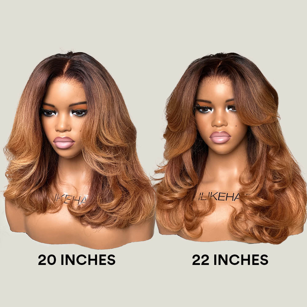 
            
                Load image into Gallery viewer, Light Brown With Dark Root Layered Cut Curly 5x5 Lace Closure Wig
            
        