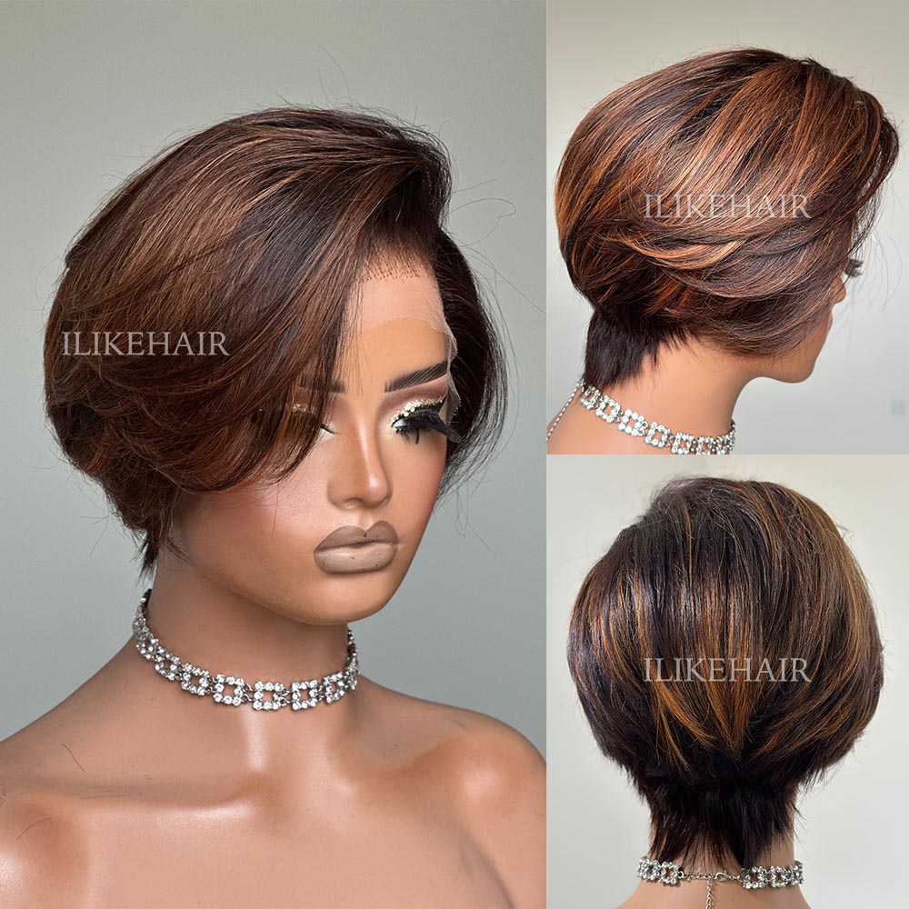 Boss Vibe Brown Highlights Layered Pixie Cuts Lace Wig