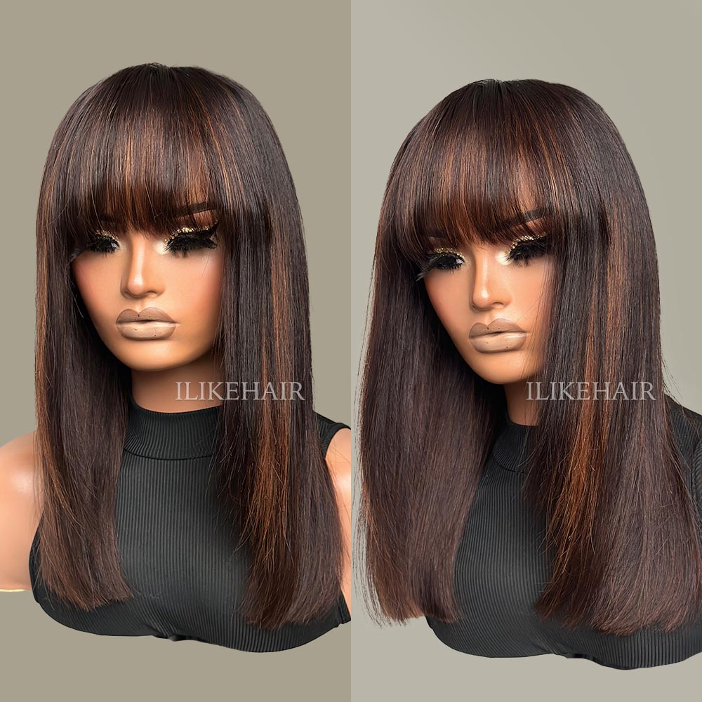 Glueless Highlight Layered Cut Straight 5x5 Lace Closure Wig With Bangs