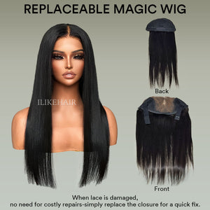 Long-lasting Replaceable Lace Natural Black Silk Straight Zipper Wig