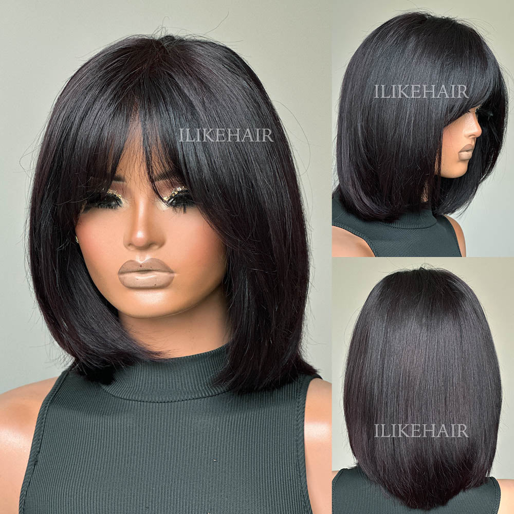 Glueless Bob Wig With Bangs 100% Human Hair For Beginner