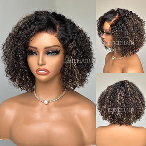 Blonde Highlight Kinky Curly Glueless Bob 5x5 Lace Closure Wig