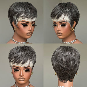 Glueless Salt & Pepper Layered Pixie Cut Wig With Bangs