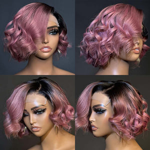 
            
                Load image into Gallery viewer, Pink Wavy Bob With Black Roots 5x5 Lace Closure Wig
            
        