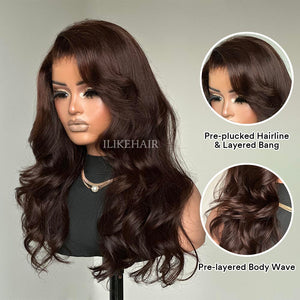 Dark Brown Layered Wavy With Side Bang Lace Wig