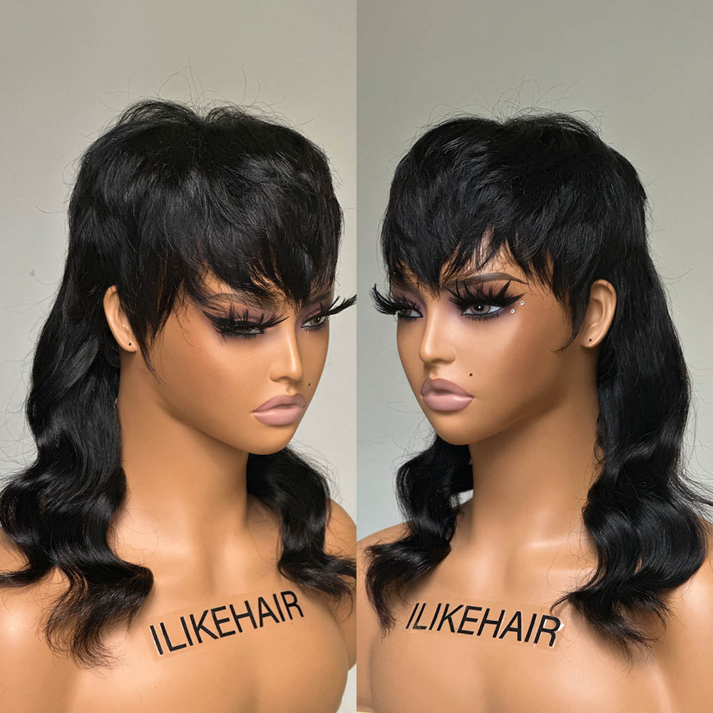 Vintage Mullet Quick Weave Glueless Pixie Cuts Human Hair Wig With Bang