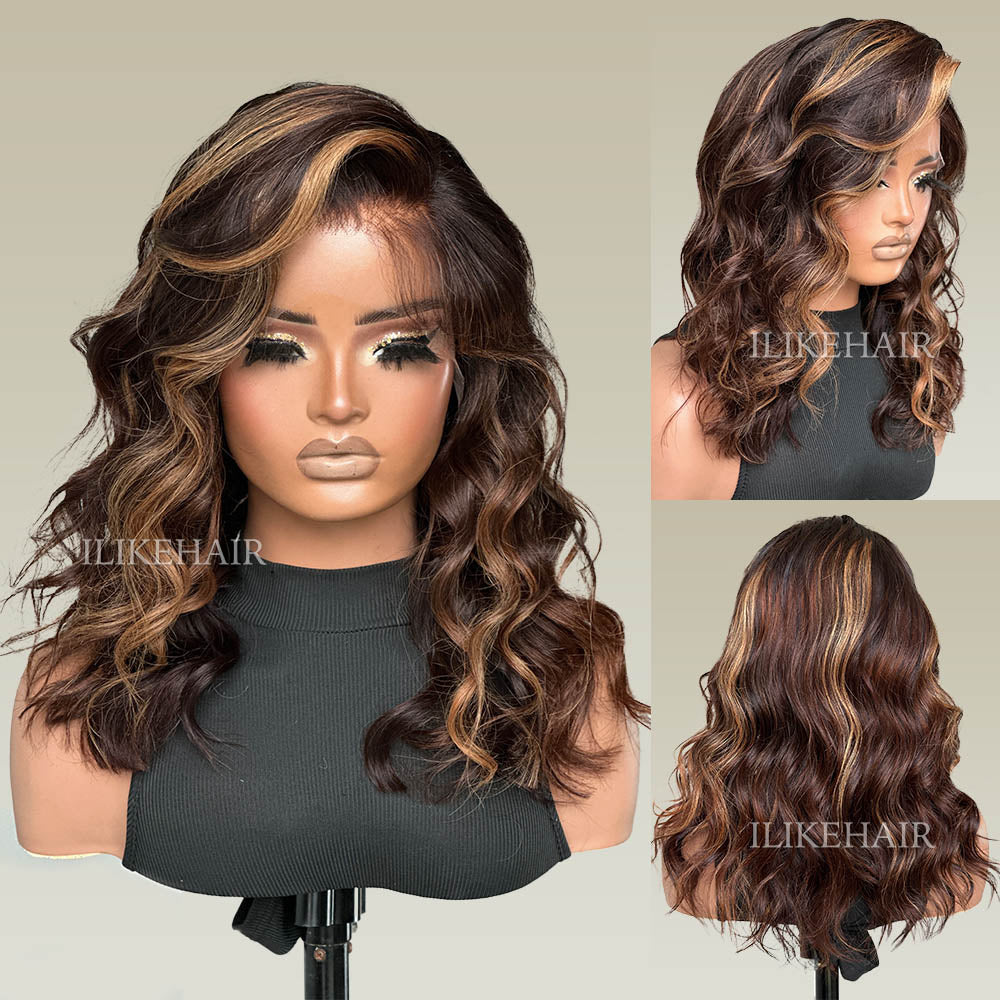 Brown With Blonde Highlights Wavy 13x4 Lace Front Wig