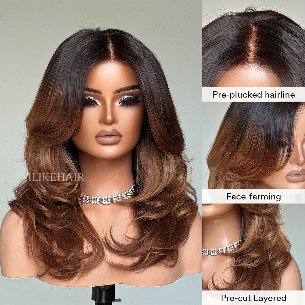 Fall Vibe Ombre Brown Layered Wavy With Curtain Bangs Lace Closure Wig