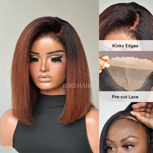 Put on & Go Ombre Brown Kinky Straight Bob Pre Cut HD Lace Kinky Edges Wig