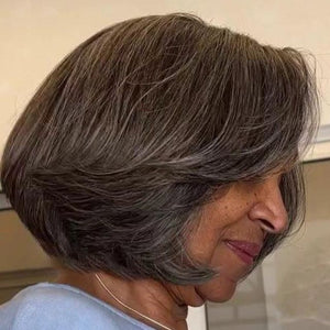 
            
                Load image into Gallery viewer, Designer Salt And Pepper Grey Short Layered Lace Closure Bob Wig
            
        