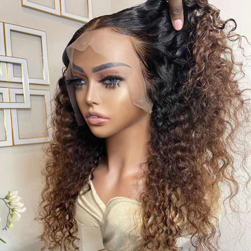 Glueless Ombre Chocolate Brown Curly 13x4 Frontal Lace Wig Human Hair