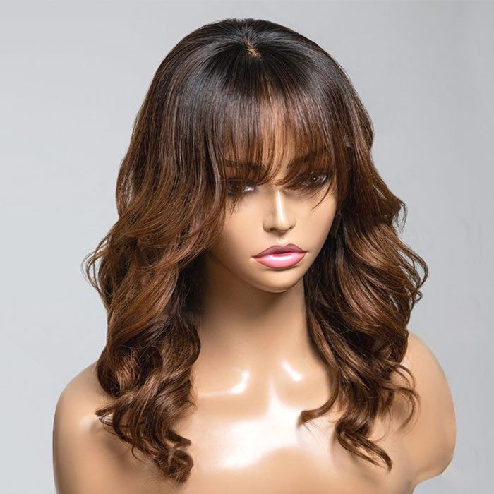 Ombre Chestnut Brown Layered Curtain Bangs Wavy Lace Front Wig