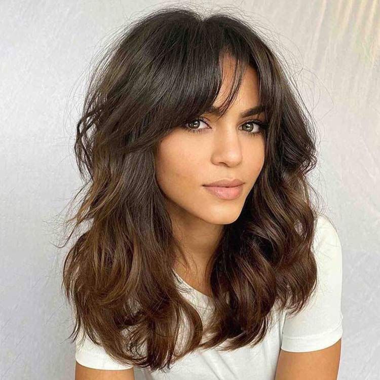 Glueless Shoulder Length Wavy Brown Ombre Layered with Curtain Bangs Lace Front Wig Human Hair