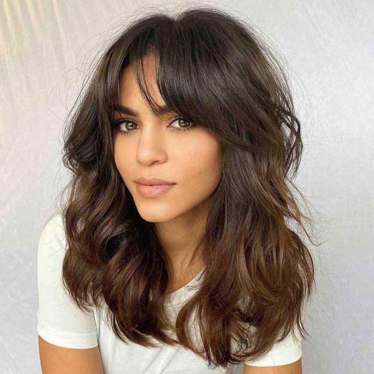 
            
                Load image into Gallery viewer, Glueless Shoulder Length Wavy Brown Ombre Layered with Curtain Bangs Lace Front Wig Human Hair
            
        