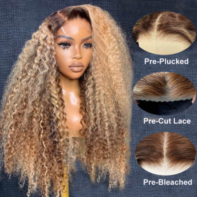 Wear &Go Ombre Honey Blonde Highlight Curly 5x5 Closure Wig With Brown Roots Wig