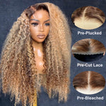 Wear &Go Ombre Honey Blonde Highlight Curly 5x5 Closure Wig With Brown Roots Wig