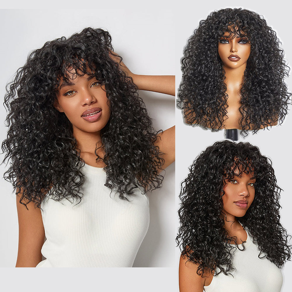 Glueless Human Hair Curly Wig With Bangs- Effortless Shaggy Waves Big Hair Curly Hair Wig