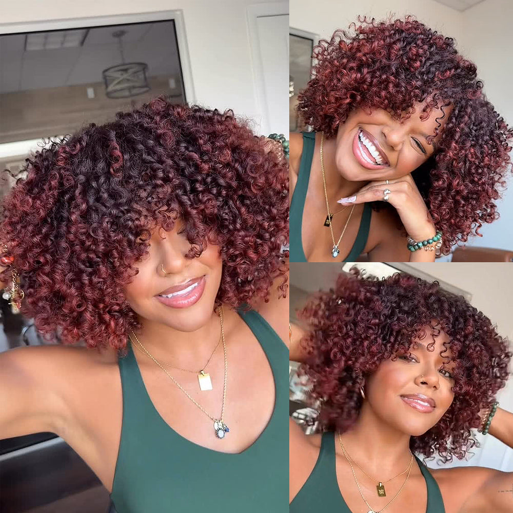 Put On & Go Red Copper Curly Bob With Bangs Human Hair Wig