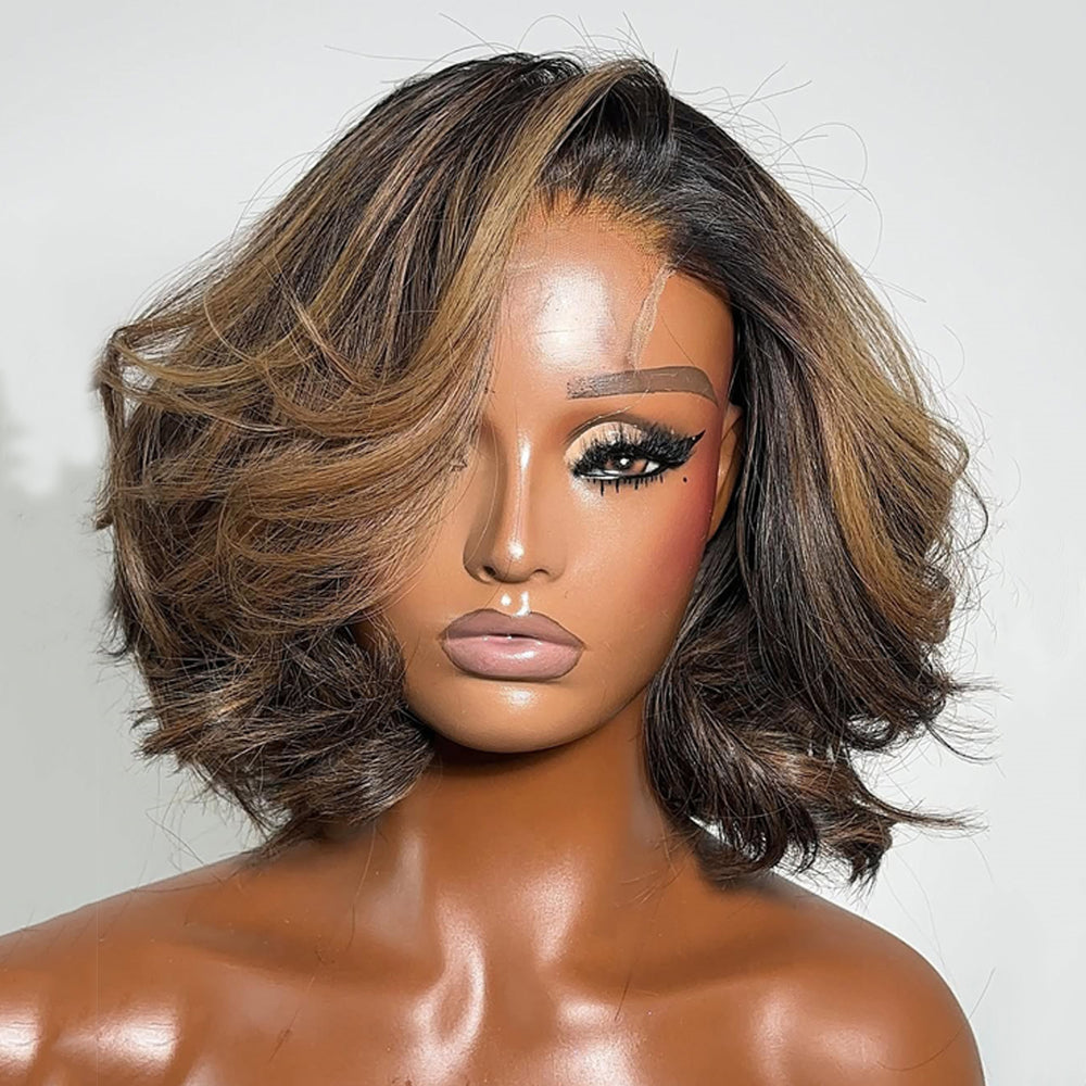 Natural Black Layered Fluffy Bob 5x5 Lace Closure Wig