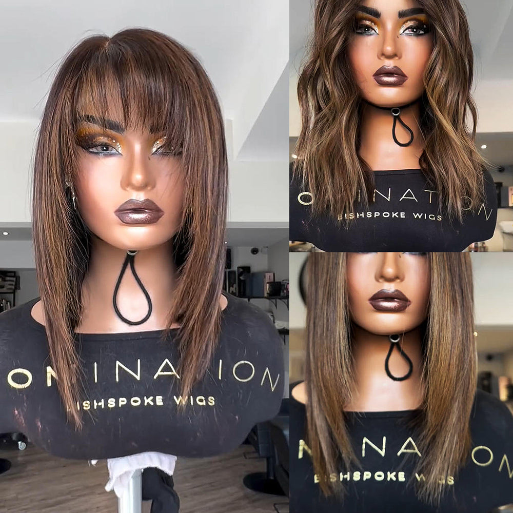 Human hair blend brown with highlight layered wig. Layered Wig Highlight Wig Brown Straight Lace Front Wig With  main image 3