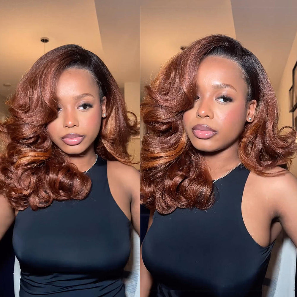 Ombre Golden Brown Blowout Layered Wavy 13×4 Lace Front Human Hair Wig