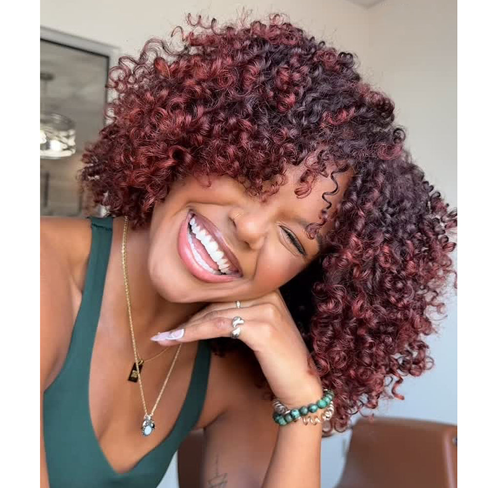 Put On & Go Red Copper Curly Bob With Bangs Human Hair Wig