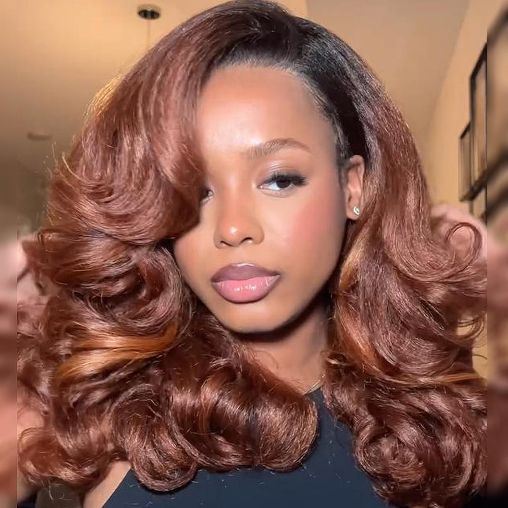 Ombre Golden Brown Blowout Layered Wavy 13×4 Lace Front Human Hair Wig