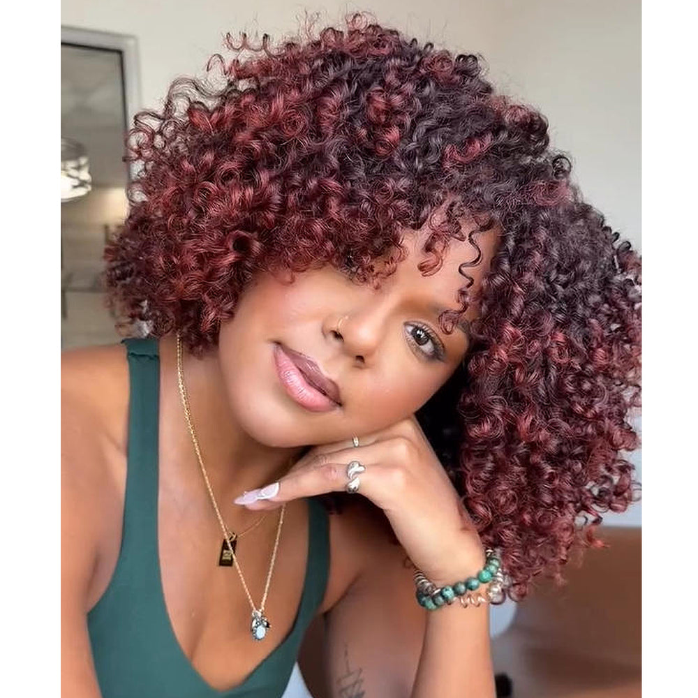 Put On & Go Red Copper Curly Bob With Bangs Human Hair Wig